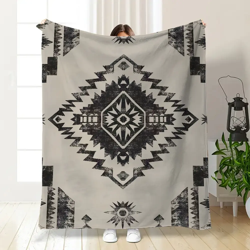 Southwestern Aztec Tribal Traditional Western Flannel Throw Blanket - Distressed Black & Beige Geometric Print, Cozy, Soft, Breathable Boho for Home, Room, House Cabin Decor, Ideal Gift, Room Decor, House Decor