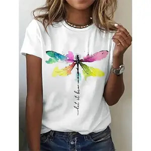 Women's fashion casual white T-shirt, dragonfly pattern paired with inspirational phrases, short-sleeved round-neck T-shirt, summer style top