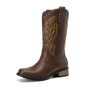 Athlefit Cowboy Cowgirl Boots for Women Mid Calf Square Toe Comfortable Pull On Chunky Heel Embroidery Western Boots