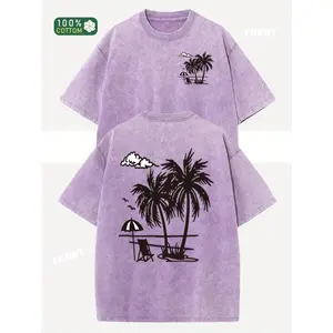 100% Cotton Oversized T-Shirt Summer Beach Tropical Vintage Washed Streetwear Loose Fit Short Sleeve Round Neck Tee Top for Men Women