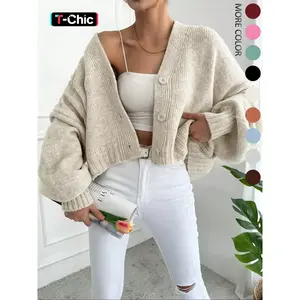 Women’s long-sleeve solid-color cardigan, casual V-neck drop-shoulder knitwear, perfect for autumn and winter, fashionable everyday wear