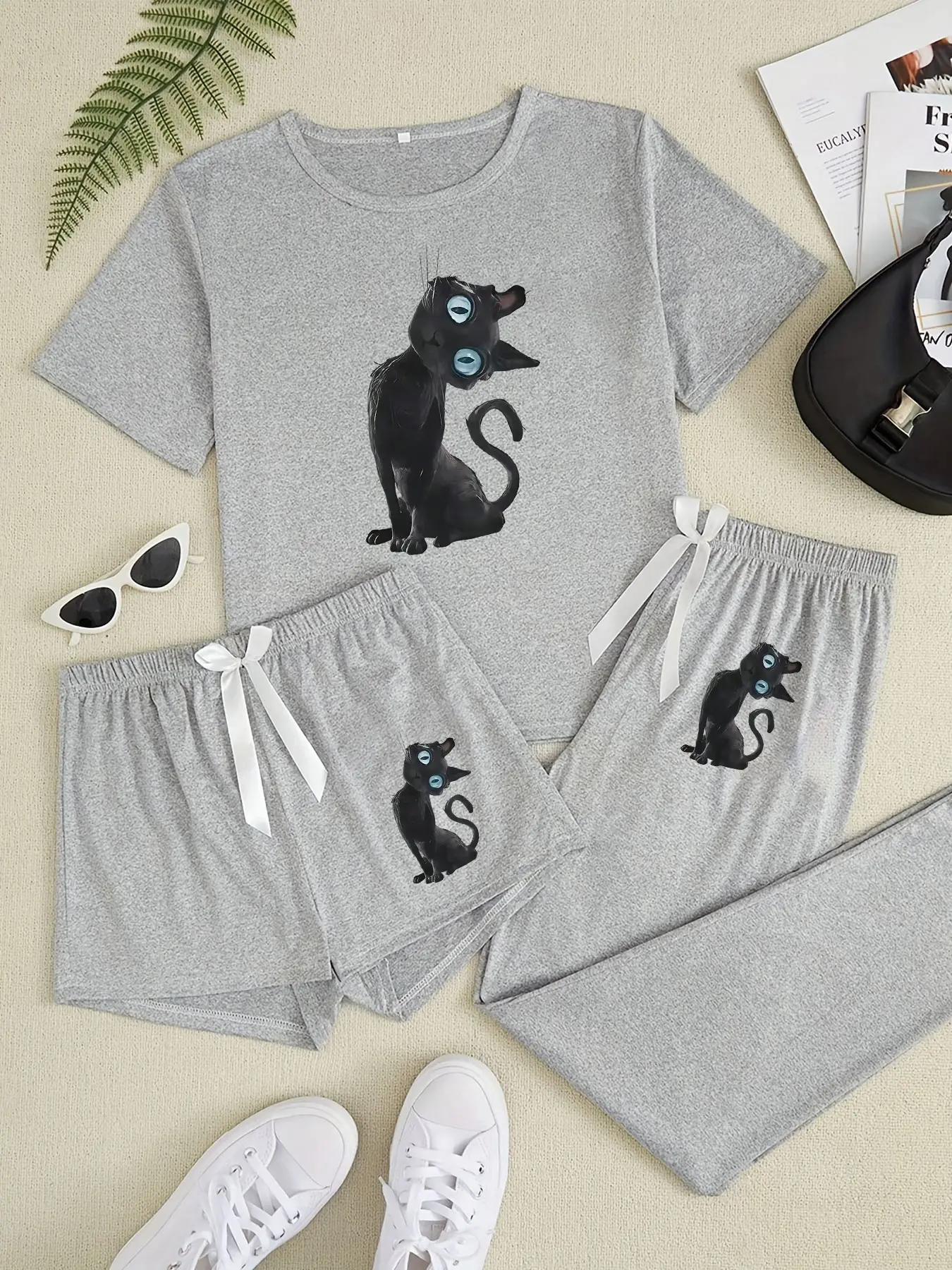 Women's Cartoon Cat Print Pajama Set, 3 Piece Sleepwear Collection, Casual Fitted Nightwear for All Seasons, Loungewear, Fitted Pajamas