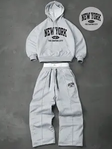 Men's two-piece tracksuit: a hooded sweatshirt and drawstring trousers with a letter design, perfect for fall and winter, Streetwear Tracksuit Set