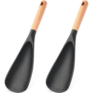 Multifunction Silicone Spatula Spoon - 2 Counts Premium Kitchen Utensil Set for Cooking, Baking, and Serving, Silicone Ladle and Spatula for Non-Stick Cookware, Wood Handle Spoon, Nonstick Cooking Spoon