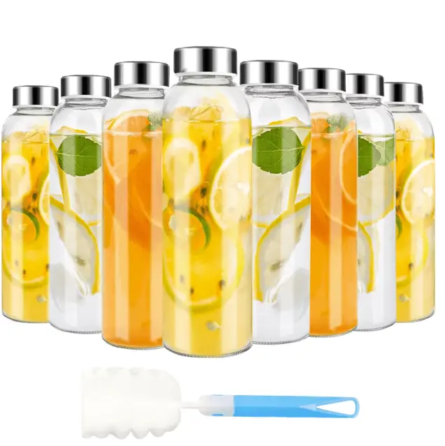 18oz Glass Juice Bottles Set of 8, Leakproof Water Bottles with Airtight Lids