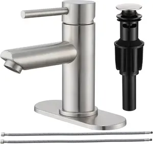 Brushed Nickel Bathroom Faucets Stainless Steel Single Handle Bathroom Sink Faucets 1 Hole or 3 Holes with Pop-up Drain for RV Vanity