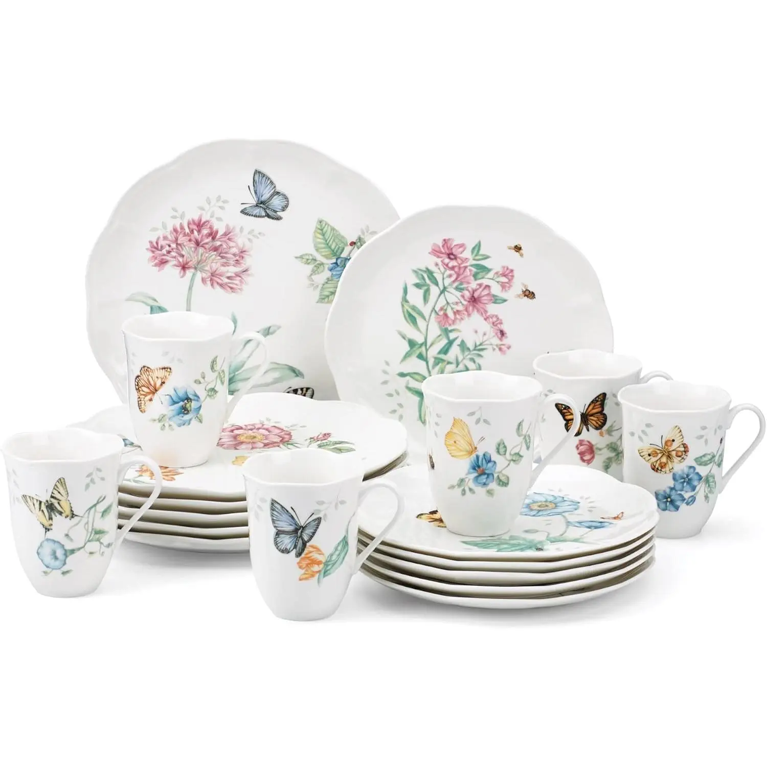 Lenox Butterfly Design Dinner Sets - 18-Piece Porcelain Tableware Set, White Commemorative 25th Anniversary Dinnerware, Model 6342794 with Coordinating Accessories