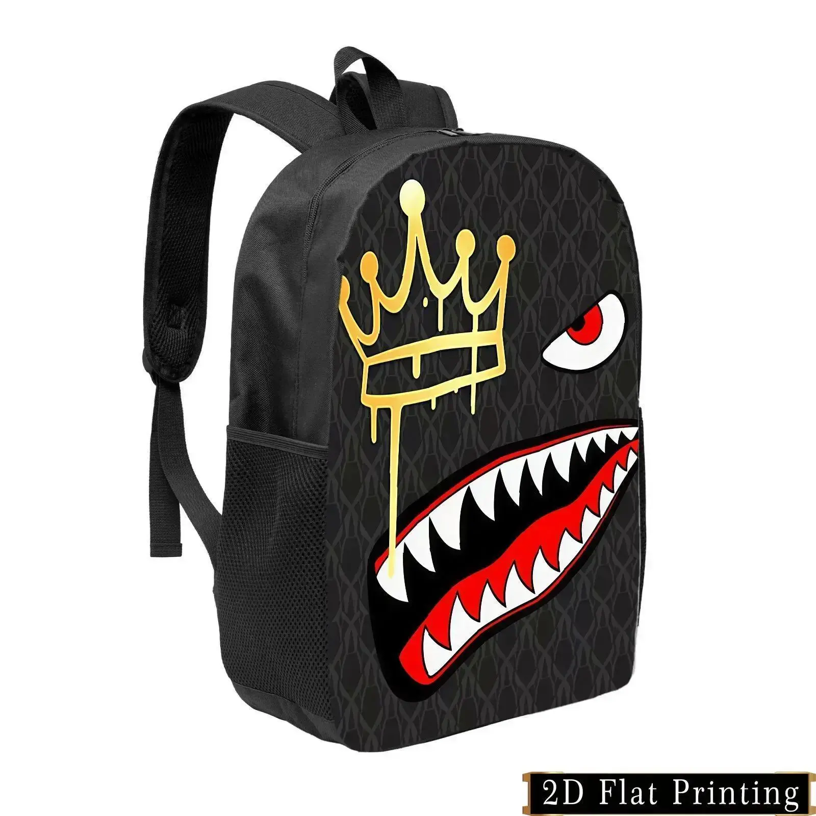 Foldable synthetic backpack featuring a cartoon-style crown print; a lightweight, high-capacity daypack that is dust-resistant and machine-washable—suitable for school, travel, and daily use.
