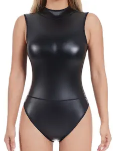 European and American High Quality Womenswear PU Bodysuit Leotard Patent Leather Sexy Tights Back Zipper Vest Triangle Plus Size Set