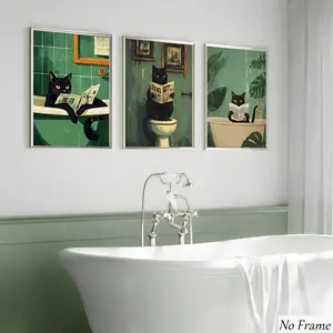 3pcs Cat Bathroom Wall Art Prints, Vintage Cat Reading Newspaper Posters, Cat Lovers Canvas Wall Decor, Modern Printed Materials