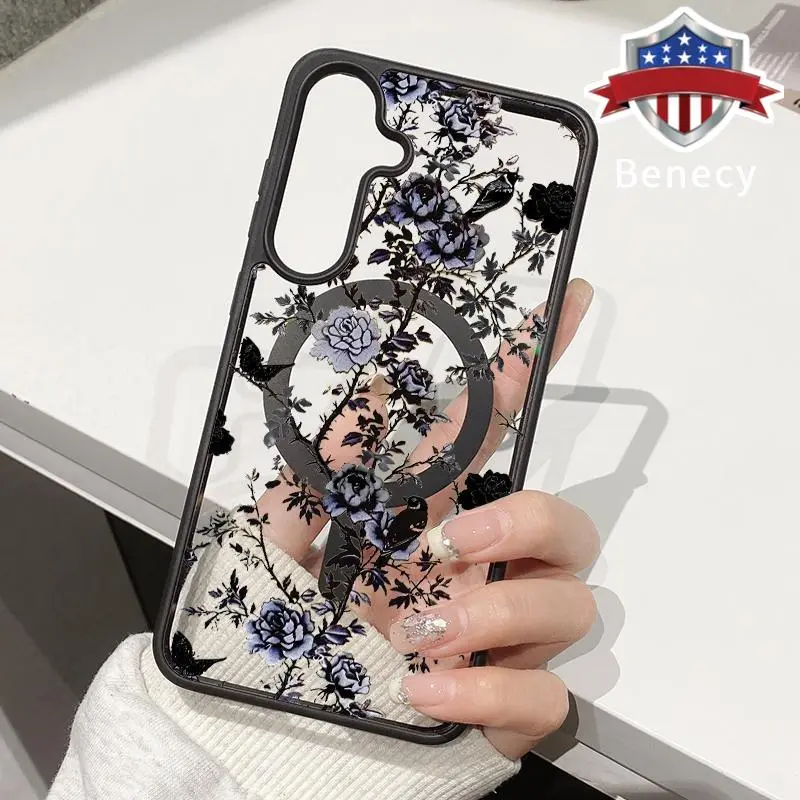 MagSafe Phone Case Compatible with Galaxy S26 S23 Ultra S24 Plus S25 Edge S22+ FE Shadow Forest Peony Transparent Acrylic Non Slip Pocket-Friendly Phone Cover Gift for Girl