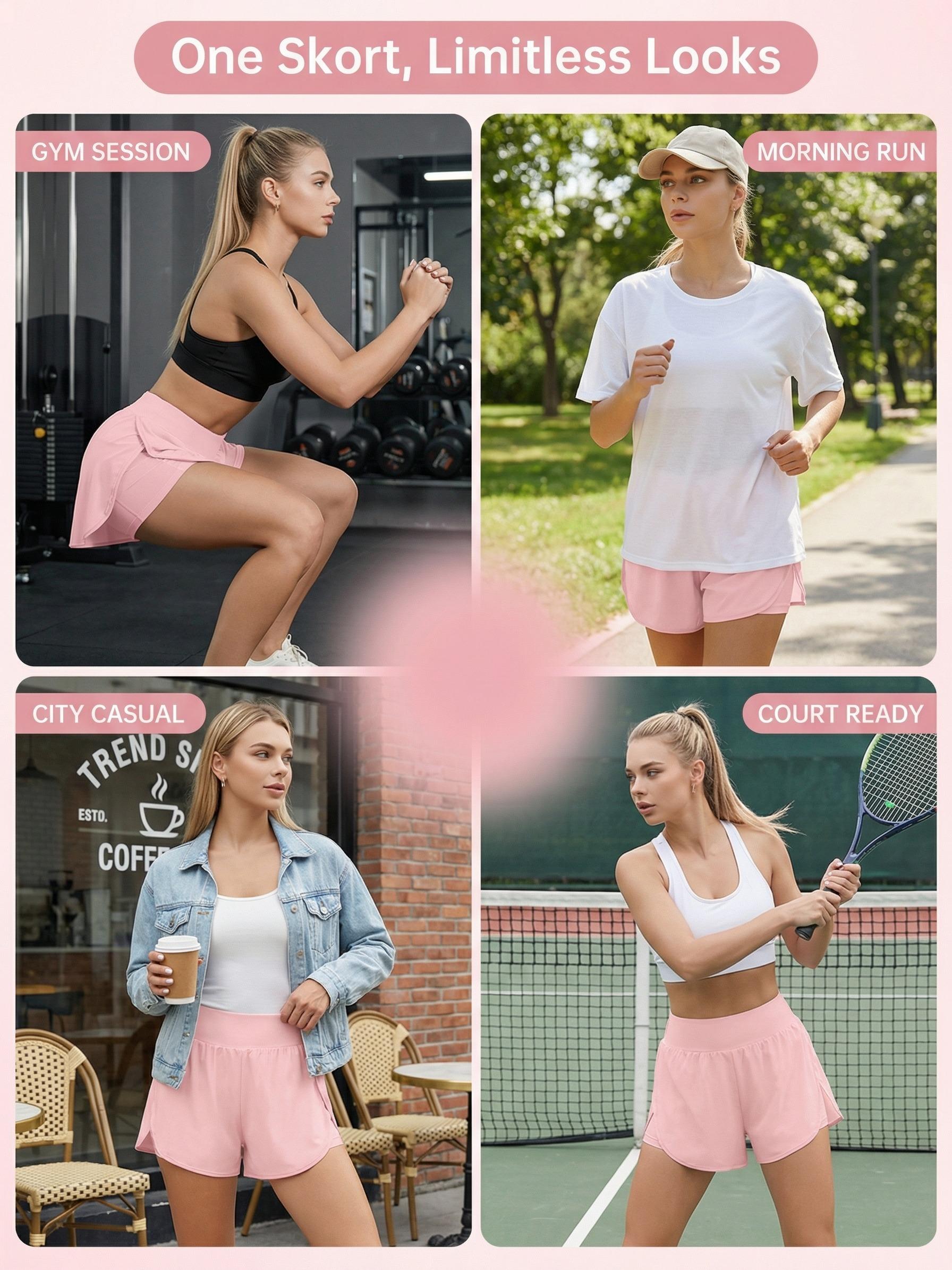1pcs Women'S Sports Pink Half Skirt, Elegant Half Waist Summer Skirt , Breathable Slim Yoga Skirt with Built-in Shorts, Anti-Exposure Running Fitness Tennis Skirt, Solid Color Flared Silhouette, Office/Date/Weekend Essentials