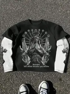 Men's Angel Print Mock Two-Piece Long Sleeve Sweater, Gothic Religious Graphic Pattern, Cotton Vintage Style, Urban Dark Fashion