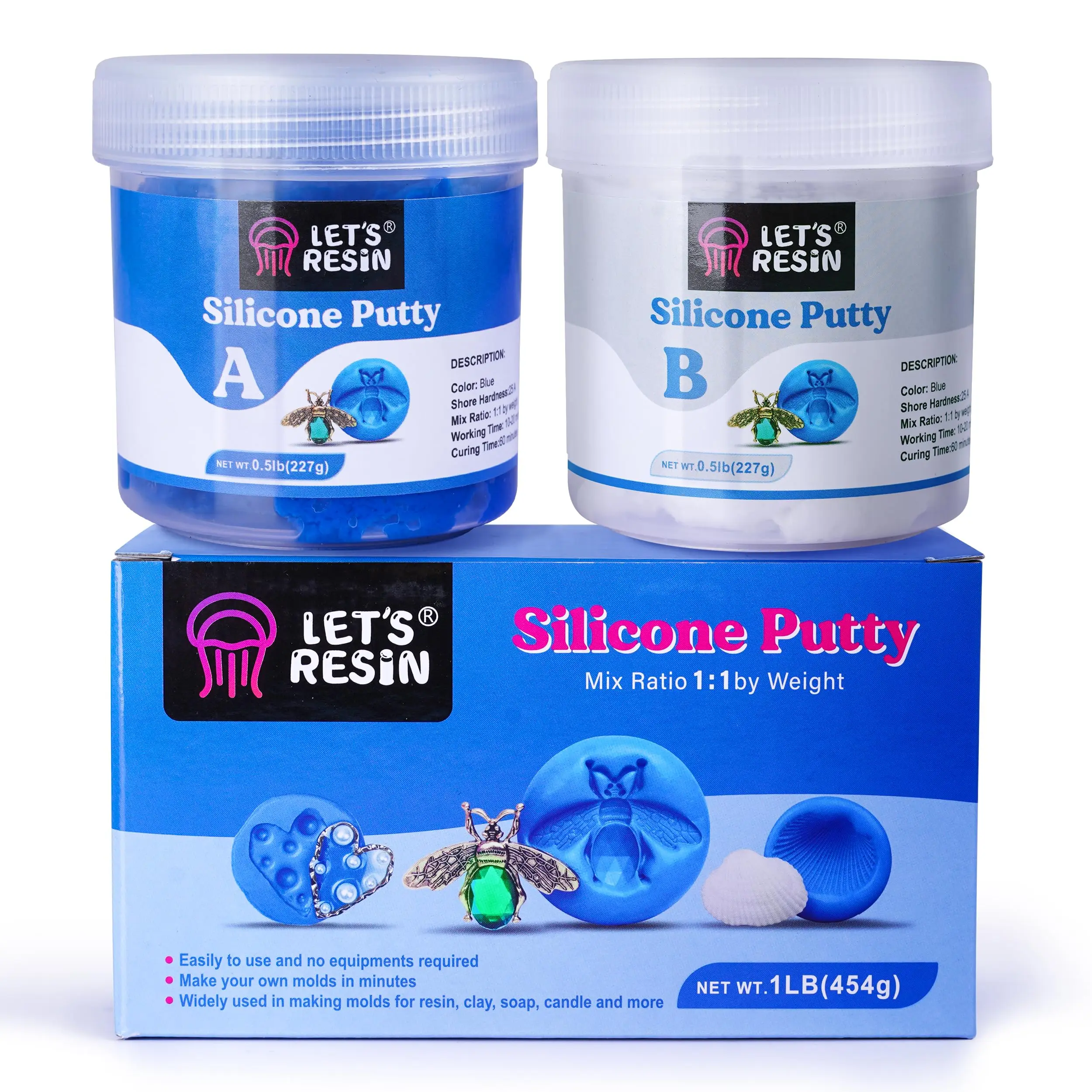 LET’S RESIN Silicone Putty, 1LB/40A Silicone Putty Mold Making Kit for Beginners, Includes Blue Part A & White Part B, Easy 1:1 Mix, 15-20 Min Demold, Make Reusable Custom Molds for Resin, Soap, Wax, Clay, Jewelry, Miniatures & Game Pieces