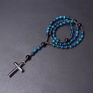Natural Hematite Cross Pendant Women Men Necklace, Natural Blue Tiger Eye and Obsidian Beaded Healing Protection Strength Inner Peace Balance Necklace