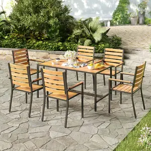 7 Piece Acacia Wood Outdoor Dining Set for 6, Patio Dining Table with Reclined Back Armchairs, Rectangular Table with 1.6" Umbrella Hole