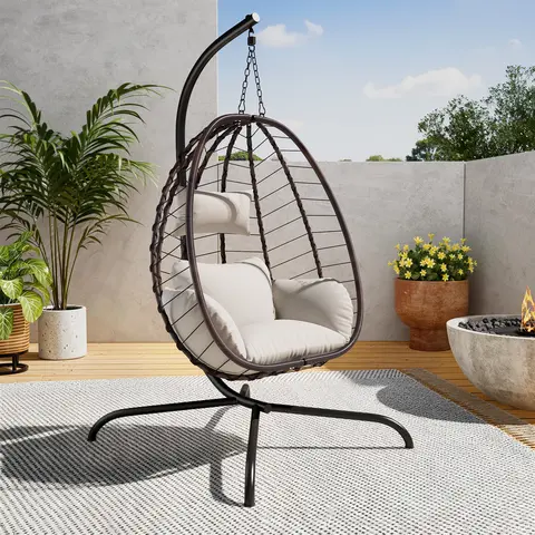 Wicker Rattan Egg Swing Chair with Stand, Patio Furniture, 485lbs Capacity Strong Frame & Cushions, Outdoor Patio/Backyard Balcony Rocking Chair, Indoor-Outdoor Armchair for Bedroom, Outdoor Patio Furniture