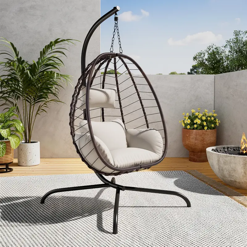 Wicker Rattan Egg Swing Chair with Stand, Patio Furniture, 485lbs Capacity Strong Frame & Cushions, Outdoor Patio/Backyard Balcony Rocking Chair, Indoor-Outdoor Armchair for Bedroom, Outdoor Patio Furniture