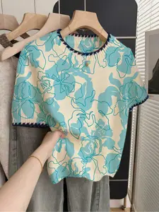 French retro Casual loose round neck short-sleeve contrast trim beige women's multi-color contrast print spring and summer knitted top, summer top, Womenswear