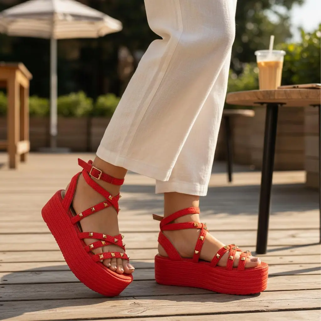 YRMODA Women's Handcrafted Red Multi-Strap Platform Sandals, Metallic Studded Wedge with Ankle Buckle, 5cm Heel, Higher Platform Sandals, Multi Strap Sandals
