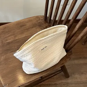 Rice Straw Texture Woven Fabric Handbag Makeup Bag, High-Quality Artistic Zipper Square Bag, Cosmetic Storage Pouch, Sanitary Napkin Holder, Makeup Organizer Pouch