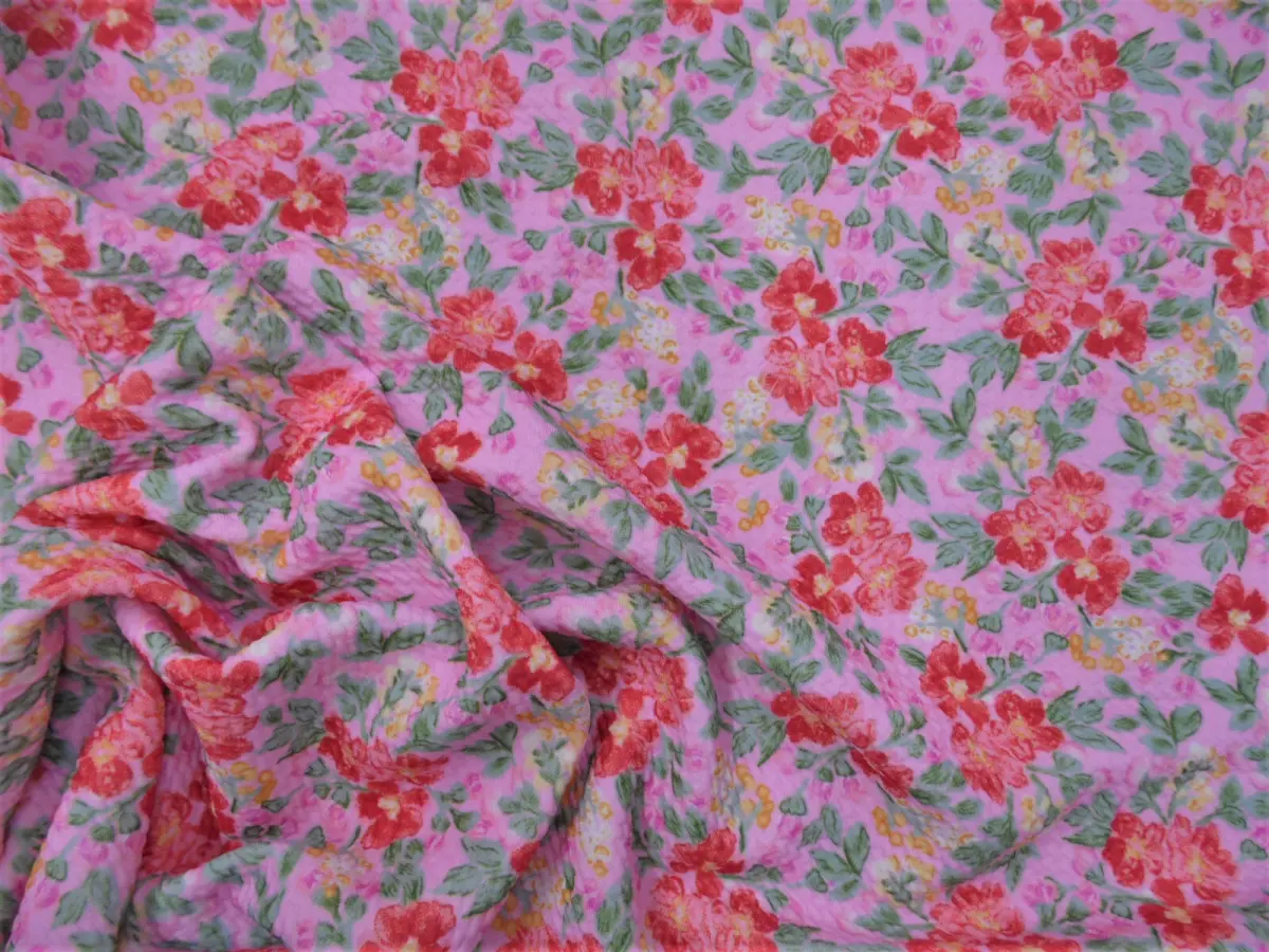 Bullet Printed Liverpool Textured Fabric Stretch Pink Red Orange Floral U42