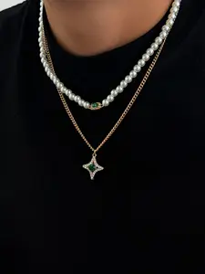 Trendy Casual Faux Pearl Starburst Rhinestone Pendant Necklace Set, Vintage Design Jewelry Gift for Men, Daily Party Versatile Accessory, Fashion Necklace, Necklace Stack