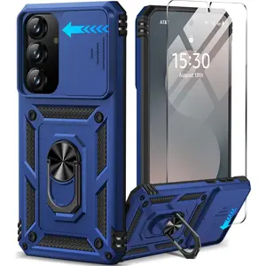 for Samsung Galaxy S25 FE Case with Screen Protector & Slide Camera Lens Cover, Built-in Magnetic Ring Stand Shockproof Protective Phone Case for Samsung S25 FE Case (Blue)