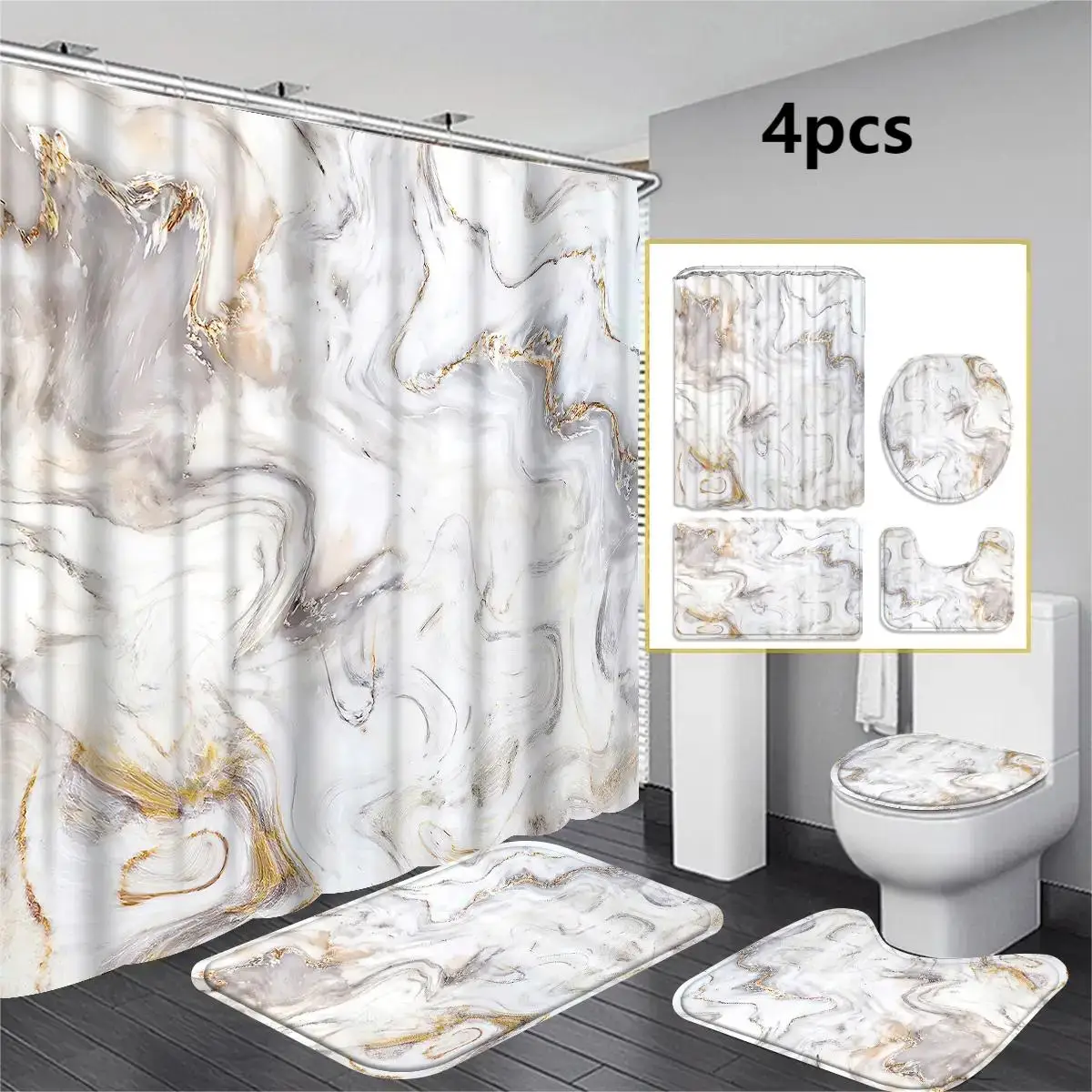 Marble Pattern Bathroom Shower Curtain & Toilet Mat Set, 1 Count Bathroom Decorative Curtain & 4 Counts Shower Curtain & Toilet Mat Set, Summer Essent