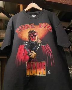 Women's Cotton Fitted Short-Sleeve Round Neck T-Shirt - Vintage 1998 WWF Kane Cape Printed Graphic, WWE Wrestling Pure Evil Themed Casual Clothes