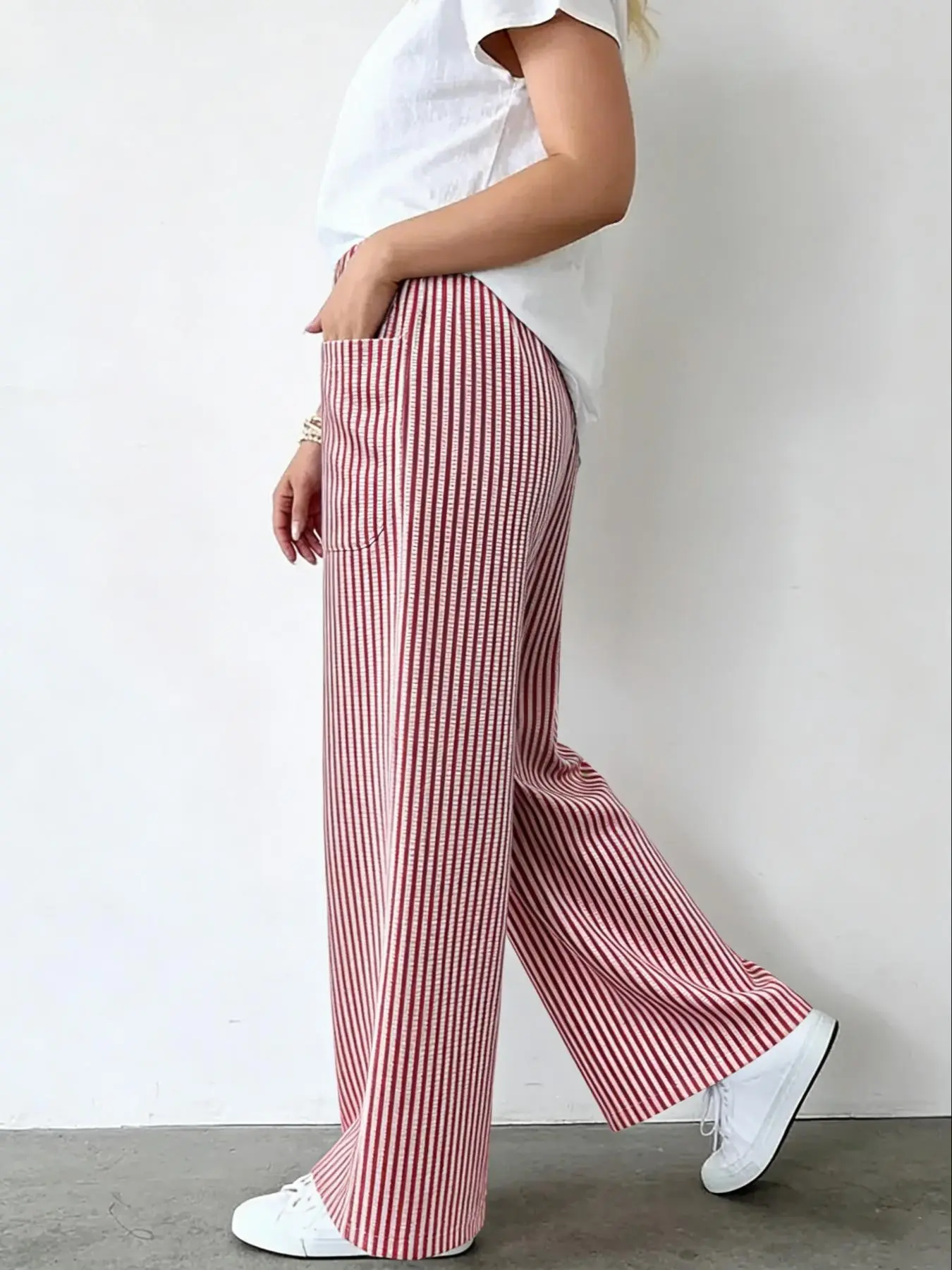 Women's Vertical Striped Drawstring Waist Loose Straight Leg Slimming Fit Casual Pants, Comfortable and Stylish Everyday Wear, Casual Work Pants, Casual Fashion Bottoms