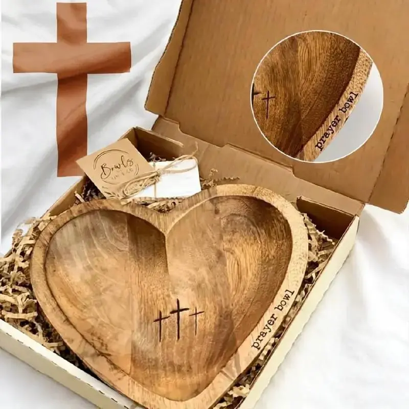 Handcrafted Vintage Heart-Shaped  Prayer Bowl, Wooden Heart Shaped Prayer Bowl , Cross & Letter Pattern, Religious Decorations Dough Bowls, Home Decor, Church Ornaments, Christian Gifts for Mother Women, St. Patrick's Day Gifts, Easter Sunday Gifts