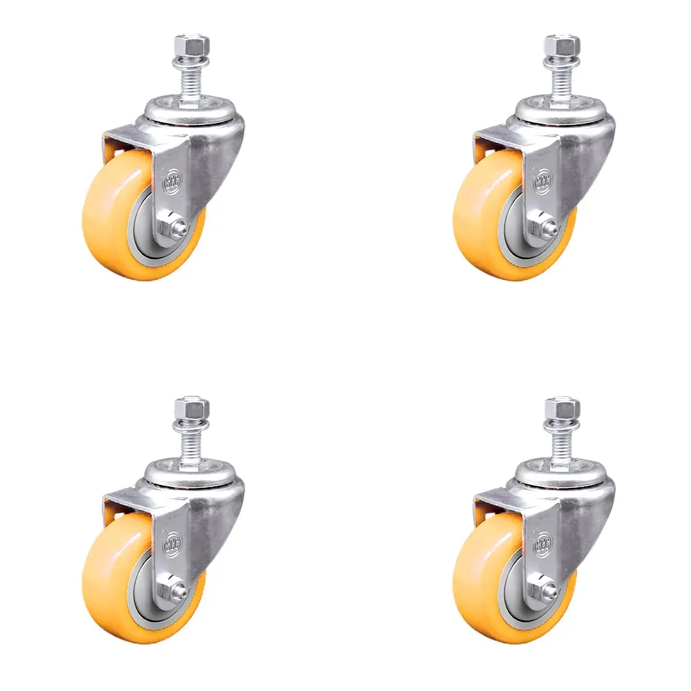 Service Caster Hardware Threaded Casters - Stainless Steel Ball Bearing Polyurethane Swivel Wheels, 3.5x1.25in Yellow Non-Marring Furniture Moving Wheels, 0.5in Stems, 4-Piece Set for Shop Projects, Shiny Metal Castors (SCC-SSTS20S3514-PPUB-YEL-121315-4),