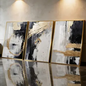 3 Count Aluminum Alloy Frame Canvas， Abstract Gold And Black Brushstroke Art Fashion Poster， Modern Living Room Decoration， Light Luxury Family Art， Suitable For Bedroom， Corridor And Office Wall Decor， Gift