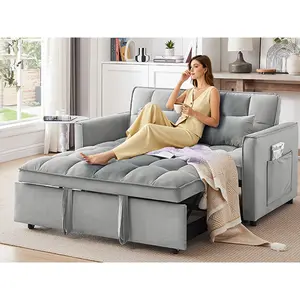 3-in-1 Convertible Sleeper Sofa Bed Couch 55.1-inch modern velvet double sofa couch Futon sofa bed with adjustable back, storage bag and pillow, for living room, bedroom (light gray)