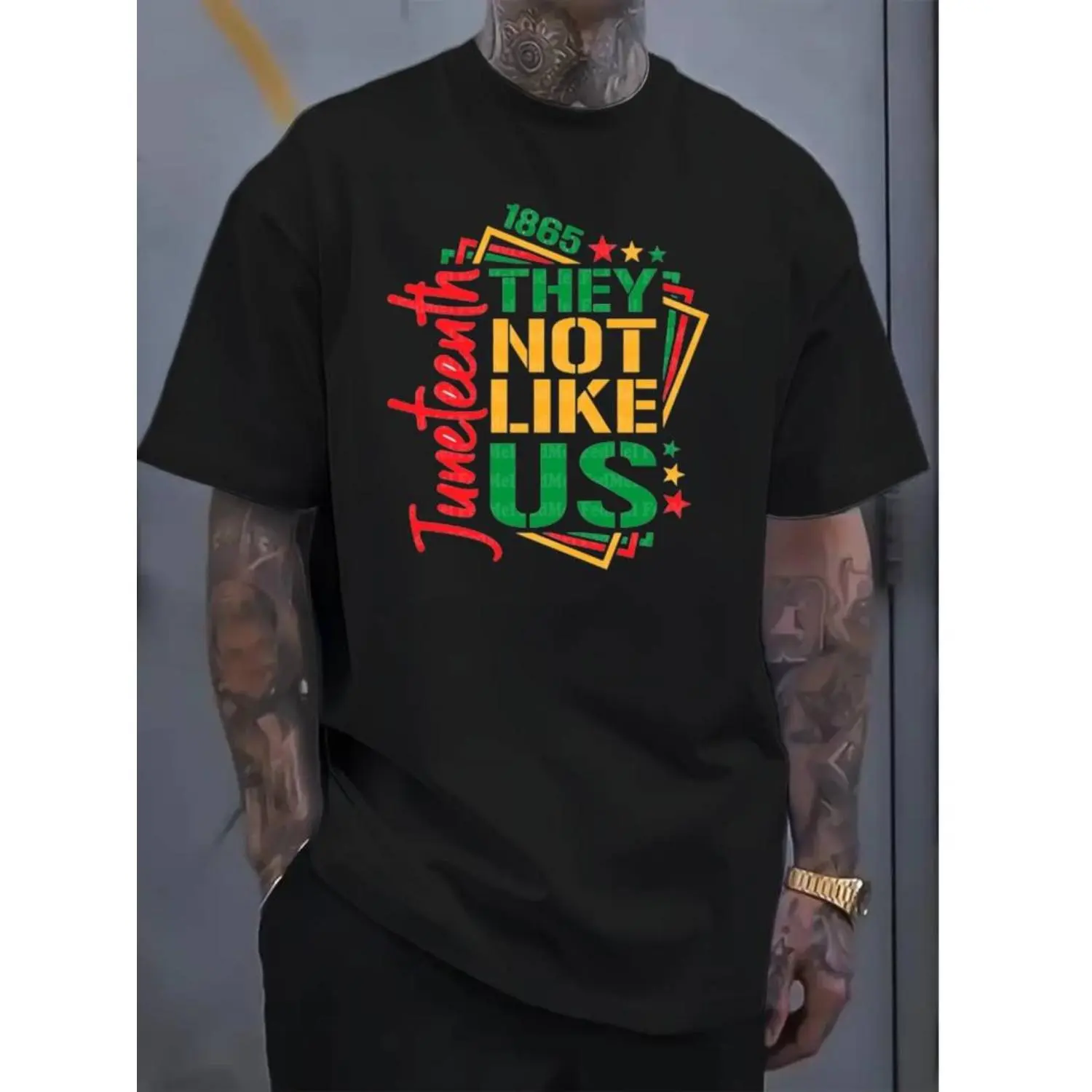They Not Like Us Juneteenth independence day Summer Fashion Men'S Casual Graphic Oversized T-shirts, Fitness Wear - Round Neck Short Sleeve Printed Top