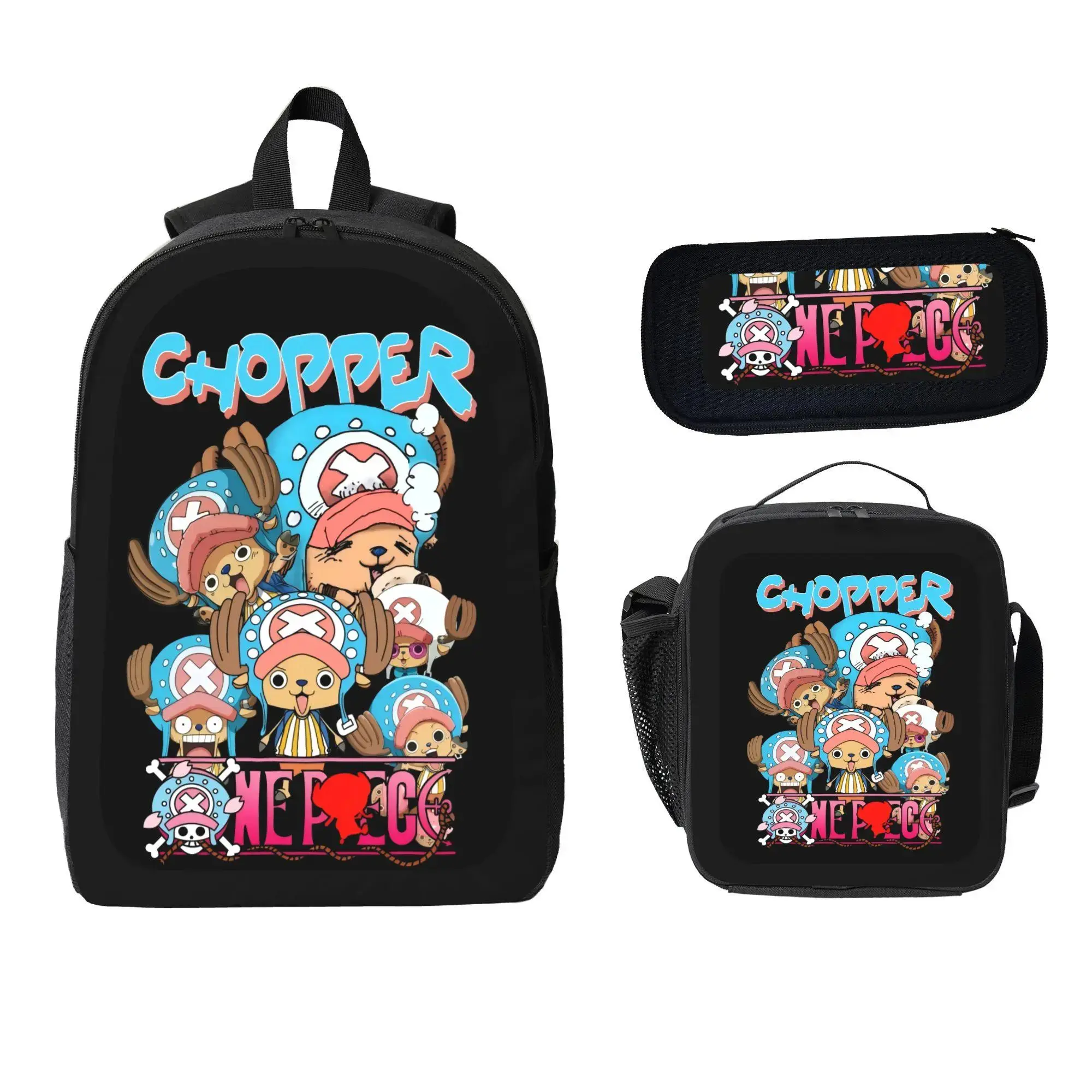 Chopper Anime-Themed Backpack Set Three-Piece Set Black Cartoon Design Backpack, Lunch Bag, Pencil Case Convenient Carry with Large Capacity
