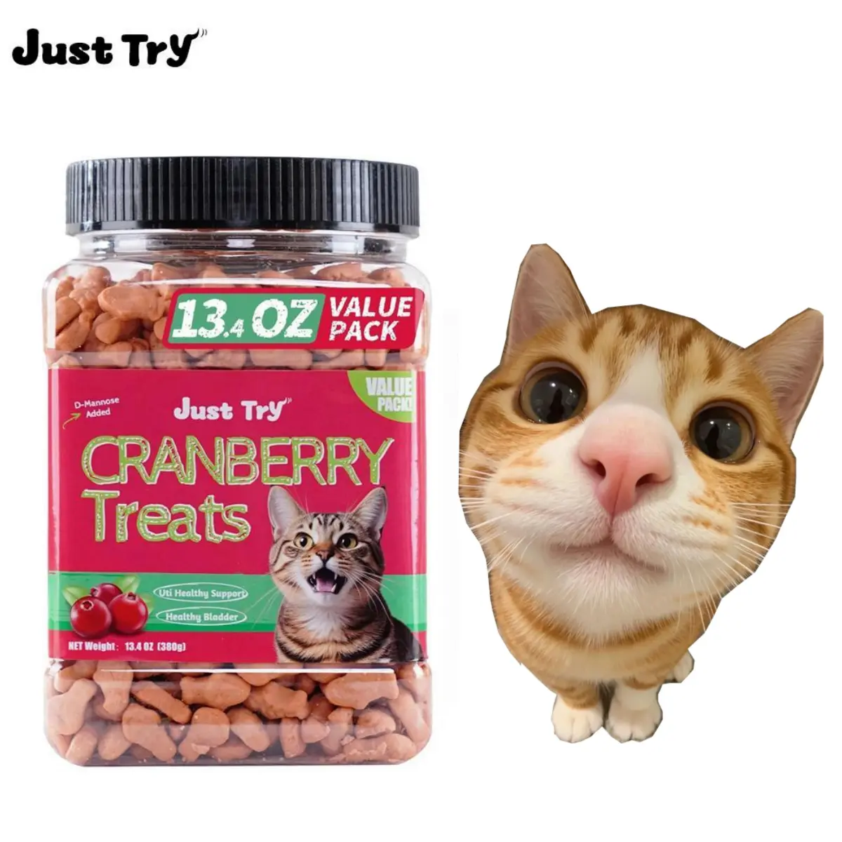 JUST TRY Cat Cranberry  Treats Urinary Tract Health Supplement with D-Mannose for Kidney Bladder and UTI Support Salmon Flavor Crunchy Chews
