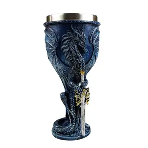 Blue Dragon Goblet Stainless Steel Dungeons And Dragons Gift Chalice Wine Goblet 7 Oz. (Blue Sword Dragon)