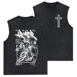Armor Of God Christian Washed Tank Top, Gym Essential, Vintage Casual Crewneck Short Sleeves Menswear T-shirt Classic Cotton Fabric Streetwear