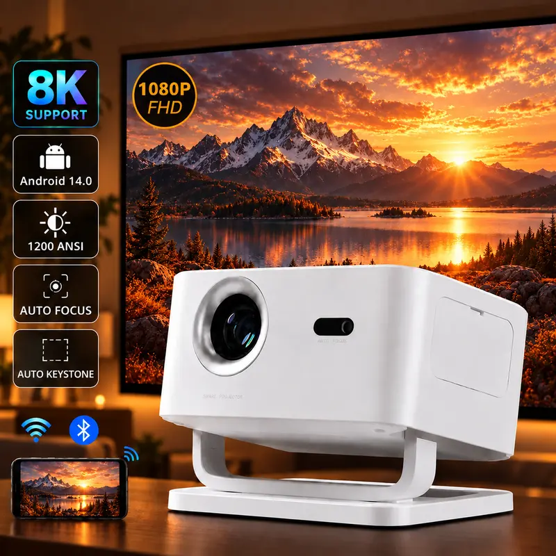 Qawtor Home Cinema WiFi Smart Projector, Native 1080P Full HD, 1200 ANSI Lumens, Android 14 Portable Projector, WiFi-6, Bluetooth 5.4, Auto-Focus, Keystone Correction, 4K Supported, USB Connection, for Gamers, Outdoor Movie Night
