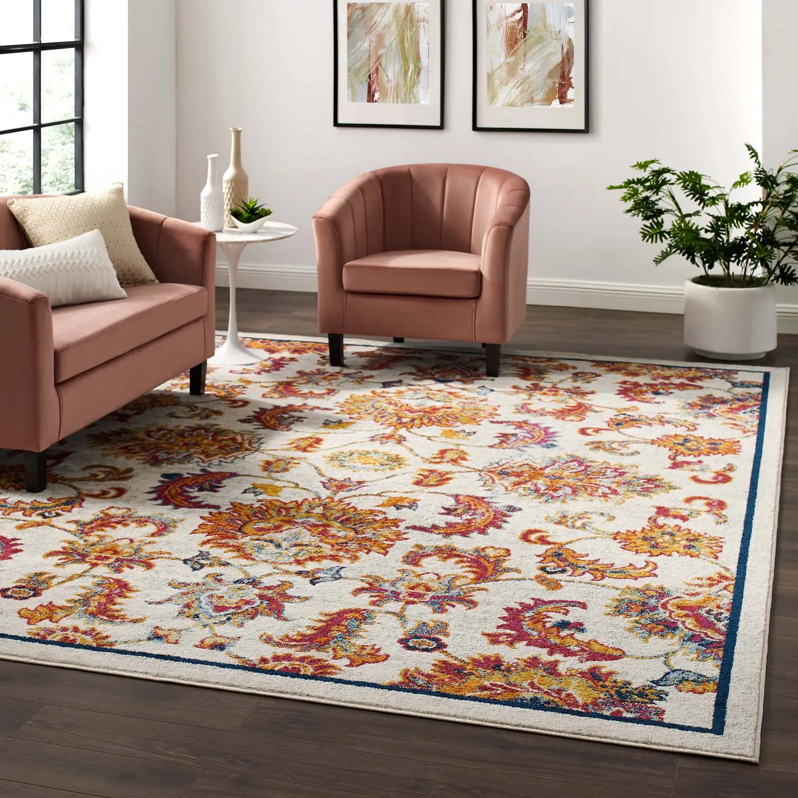 Modway Entourage Azami Distressed Vintage Floral Lattice 8x10 Area Rug - Ivory, Blue, Orange, Yellow, Red, Polypropylene, Stain-Resistant, High Traffic, Decorative Area Rug for Living Room Decor