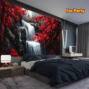 1pc - Extra Large Size - Dreamy Red Forest Waterfall Landscape Photo Tapestry, Polyester Aesthetic High-Definition Printed Hanging Cloth, Living Room Bedroom Office Home Room Party Decoration, Wall Decoration, No Installation Required JG