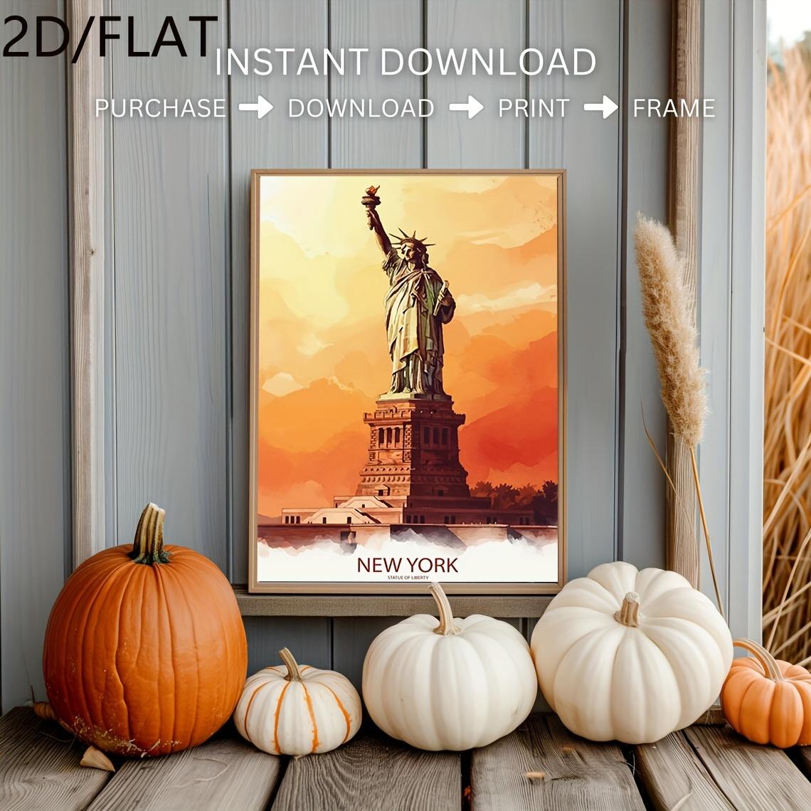 2D Flat, 2D Flat, 1pc, Frameless, 2D, Flat, New York Travel Print Wall, USA Artwork, New York Poster, Statue of Liberty Art, New York Travel Poster, New York Painting, Statue of Liberty Prints, Funny Canvas Painting Wall Decor
