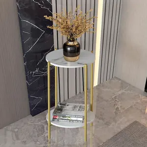 Round Side Table Nightstand End Table with Black/Gold Metal Frame & Sintered Stone Top - Perfect for Living Rooms