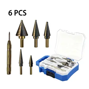 5Pcs Stepped Drill Bit with Automatic Center Punch, High Speed Steel Cone Drill Bits for Metal Wood Plastic Hole Drilling, Titanium Coated Unibit for DIY, Hole Cutter Tool for Metalworking & Home Improvement