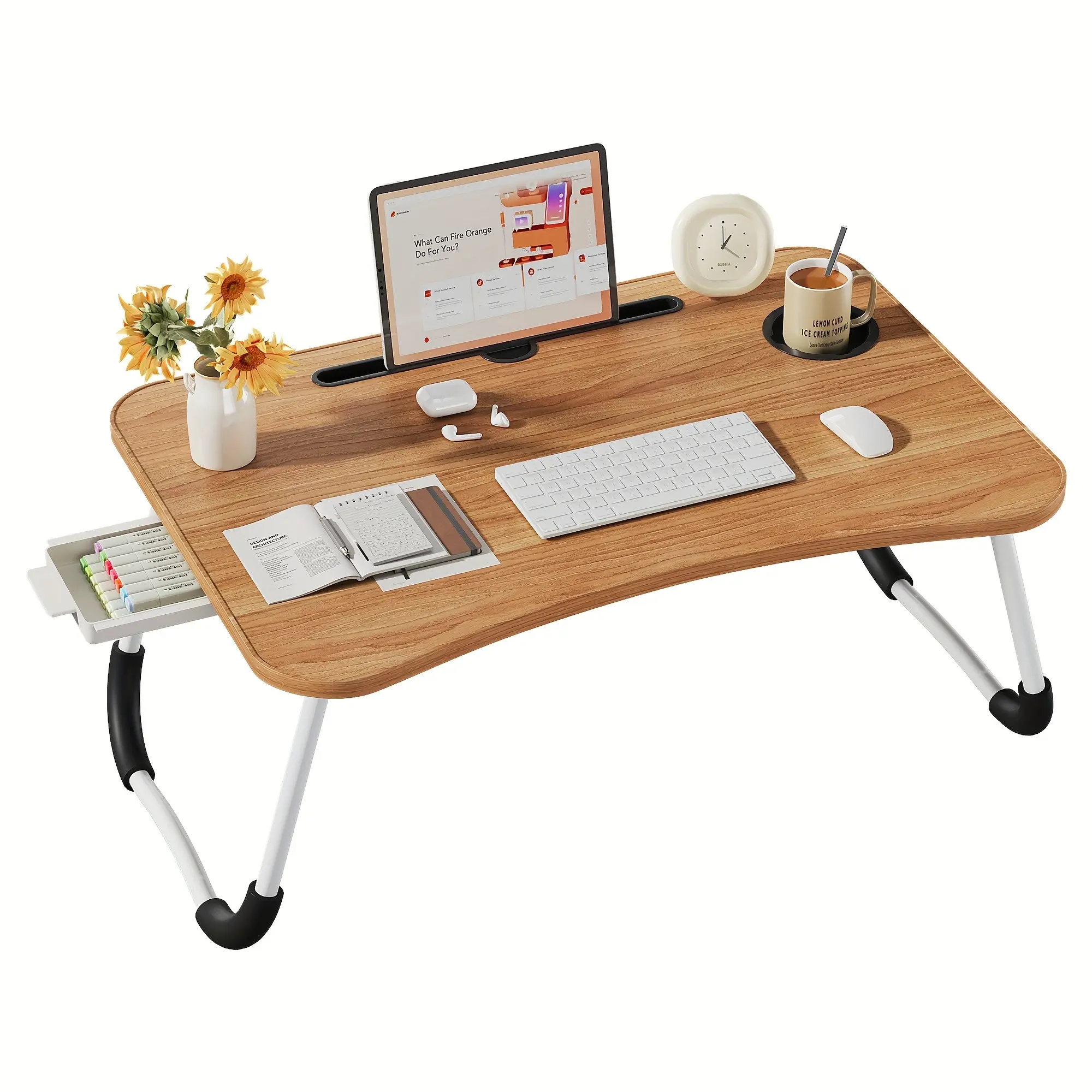Foldable Lap Desk for Bed, Wooden Bed Tray Desk with Tablet Slot, Cup Holder & Side Storage Drawer, Portable Laptop Stand for Couch, Sofa, Floor, Reading & Eating