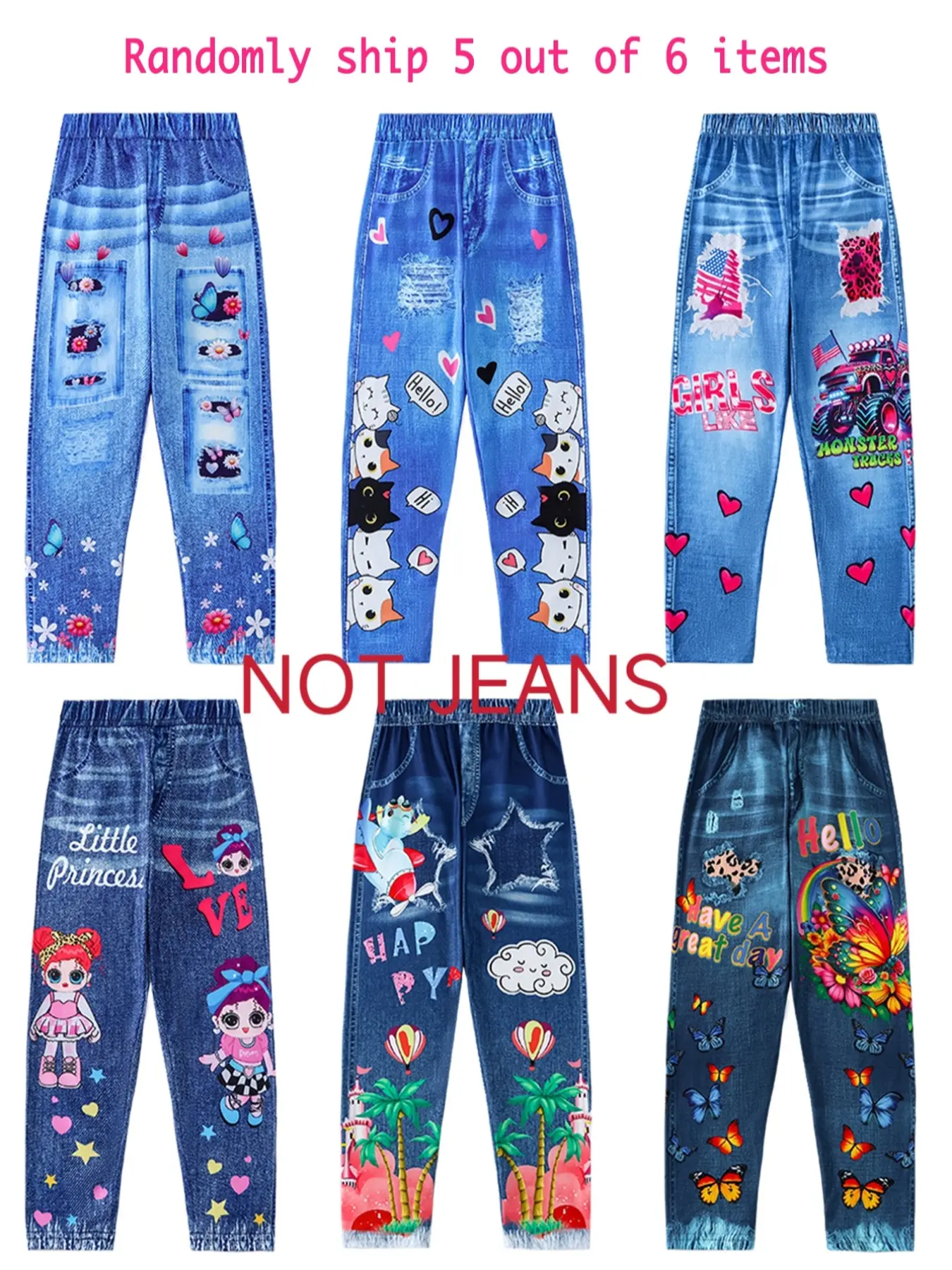 Cute Girl Clothing Set, Randomly Sent 5 Pieces, Adorable Patterns, Faux Denim Print Pants, Butterfly, Cartoon Car, Cat, Flower, Coconut Tree Castle, Baby Girl Clothes, Flora Set