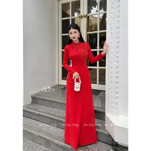 Ao dai with crystals and 3D flowers| Wishbone Flower