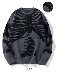 Unisex High-Quality Soft Pullover Sweater, Autumn Winter Round Neck Irregular Skull Symbol Print Knitwear, Casual Fitted Daily Commute Wear